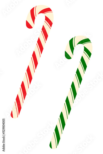 Two red, green and white candy canes on isolated background. Perfect for seasonal themes, Christmas cards, or festive advertising. Vertical layout, vector illustration photo