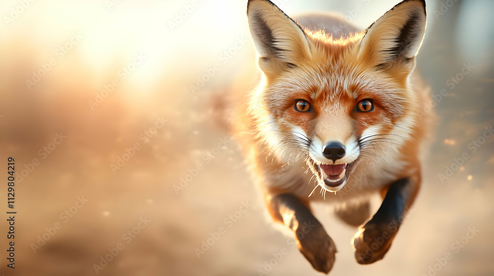 Fototapeta premium A vibrant red fox sprinting with energy and determination through a sunlit landscape, showcasing nature's beauty.