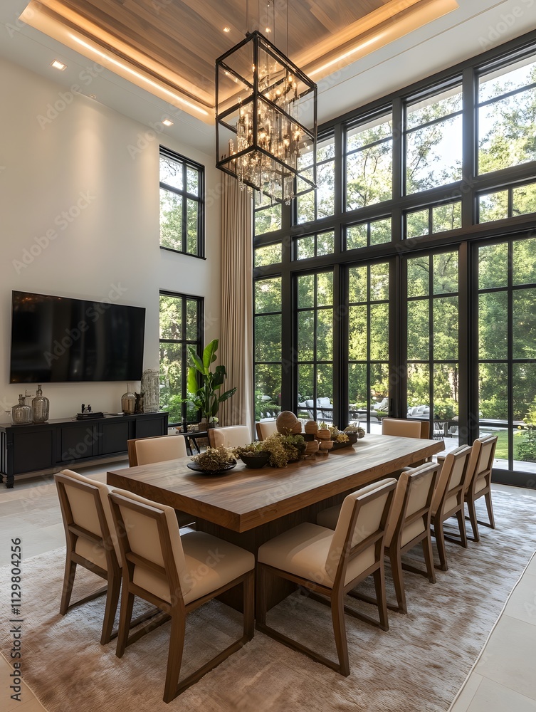 Modern Luxury Dining Room with Elegant Lighting and Floor-to-Ceiling Windows Overlooking a Lush Garden, Featuring a Spacious Wooden Table, Comfortable Chairs and Sophisticated Decor. Modern Luxury Dining Room with Elegant Lighting and Floor-to-Ceiling Windows Overlooking a Lush Garden, Featuring a Spacious Wooden Table, Comfortable Chairs and Sophisticated Decor.