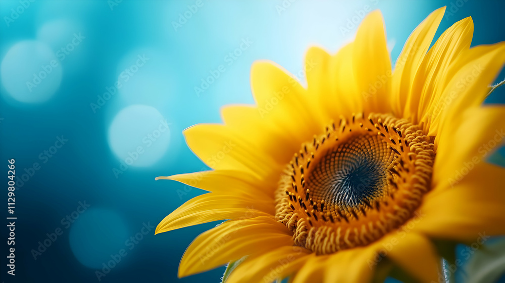 Fototapeta premium A vibrant sunflower radiates beauty against a soft blue backdrop, symbolizing joy and warmth in nature.