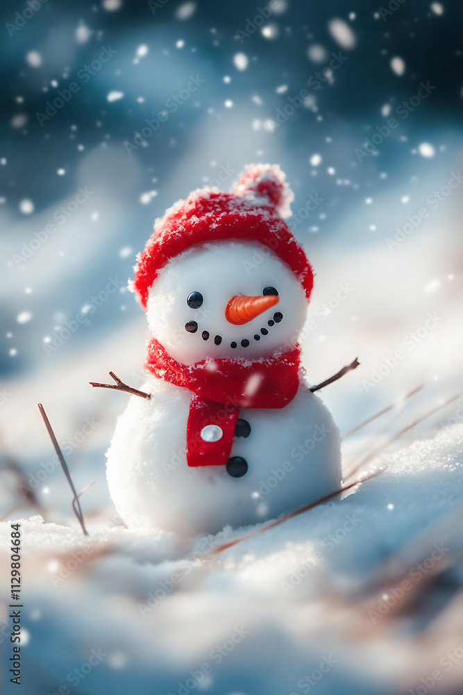 Funny snowman in red hat and red scarf on snowy field. Funny snowman in red hat and red scarf on snowy field.