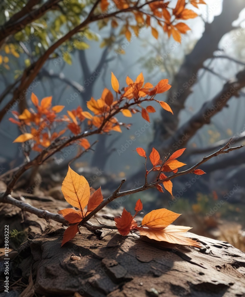 A coloquintes on a branch with dead twigs and leaves, landscape, bird A coloquintes on a branch with dead twigs and leaves, landscape, bird