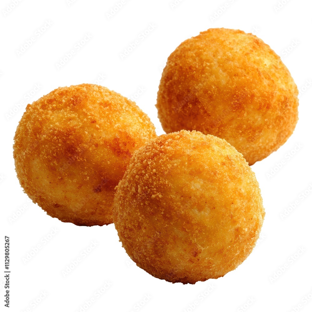 Three Golden Brown Arancini, Crispy Fried Rice Balls, Isolated on White Background Cutout Three Golden Brown Arancini, Crispy Fried Rice Balls, Isolated on White Background Cutout