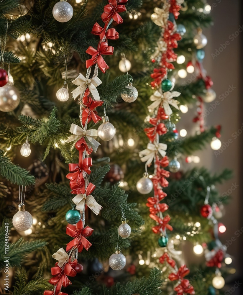 Fototapeta premium A delicate garland made of ribbons and bows adorned with small glass ornaments hanging from the Christmas tree , elegant, winter wonderland, festive