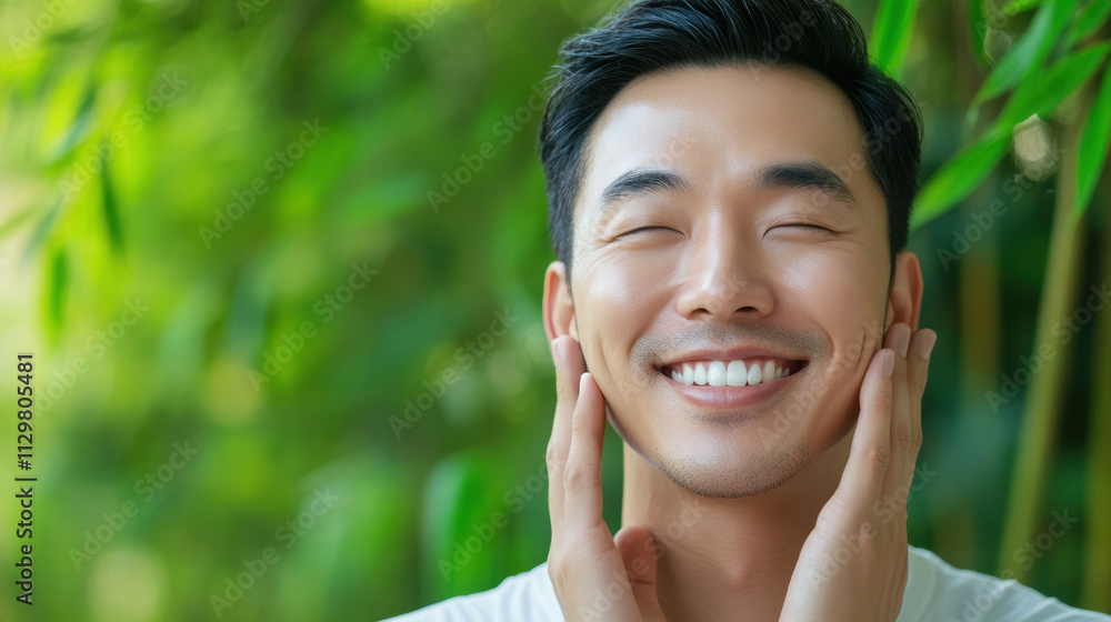 Relaxed Asian man smiling while applying face cream in bamboo setting Relaxed Asian man smiling while applying face cream in bamboo setting