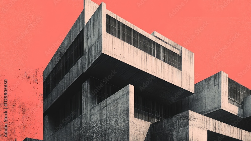 Fototapeta premium Neu Brutalism building art illustartion, granular texture