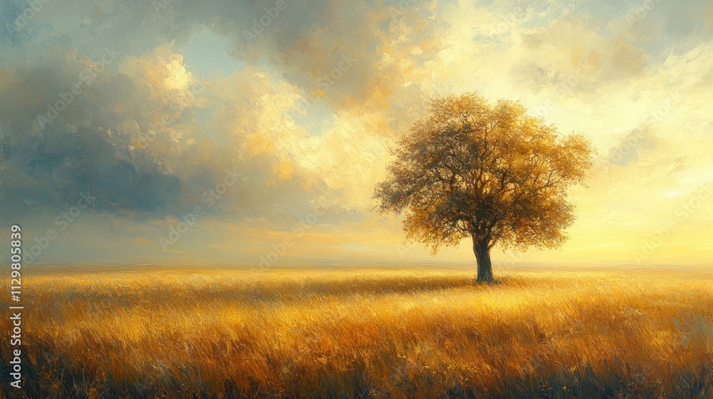 Lone Tree in Golden Field with Dramatic Clouds and Soft Sunlight Lone Tree in Golden Field with Dramatic Clouds and Soft Sunlight