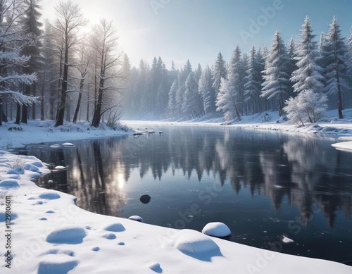 A frozen lake with snow-covered trees and a few snowflakes falling in the background, frozen landscape, peaceful environment, cold weather