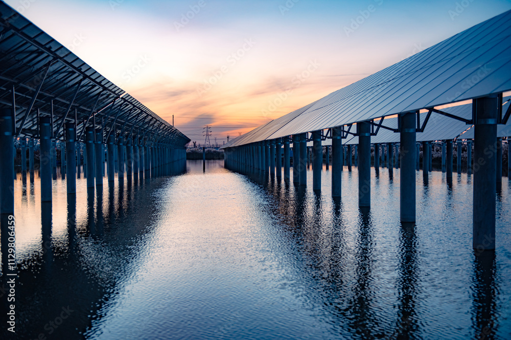 Fototapeta premium Solar power plants. Sustainable renewable energy and modern photovoltaic technology are used for environmentally friendly electricity production. The concept of solar power generation.