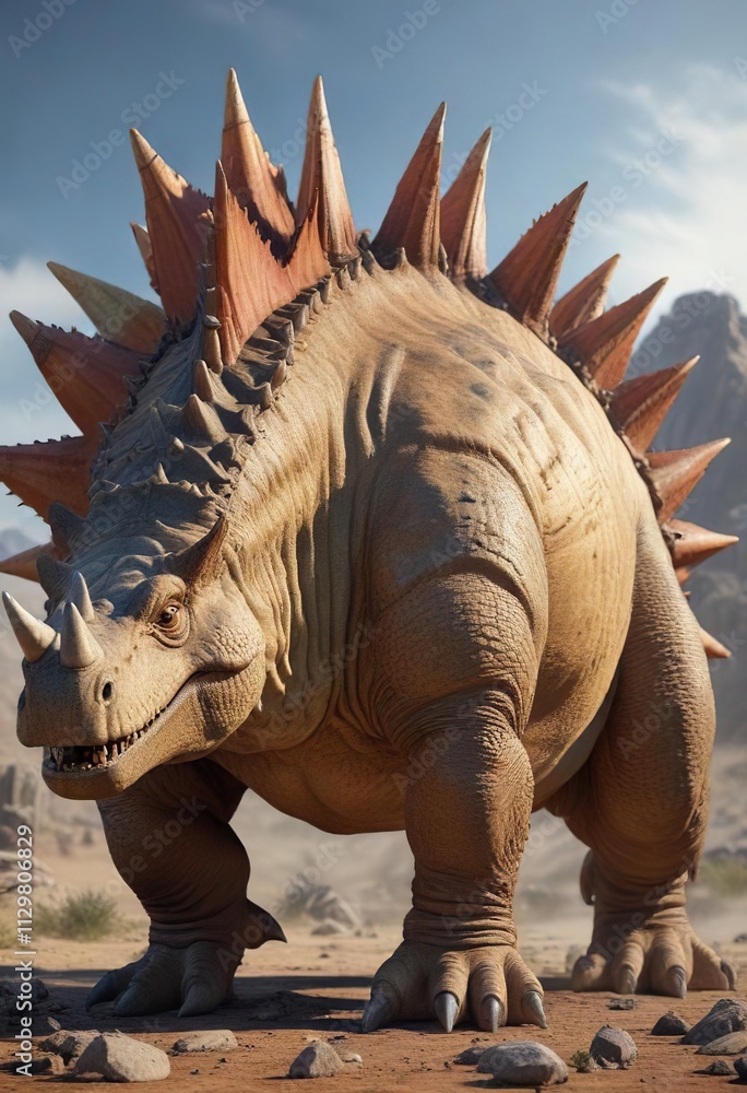 Fototapeta premium A massive Stegosaurus dinosaur with plates on its back and spikes on its tail, large herbivorous dinosaur, stegosaurus, ancient giant