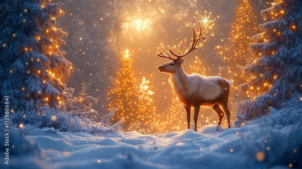 Enchanting Christmas Banner: Magical Scene Featuring a Reindeer in a Snowy Forest with Twinkling Christmas Trees Enchanting Christmas Banner: Magical Scene Featuring a Reindeer in a Snowy Forest with Twinkling Christmas Trees