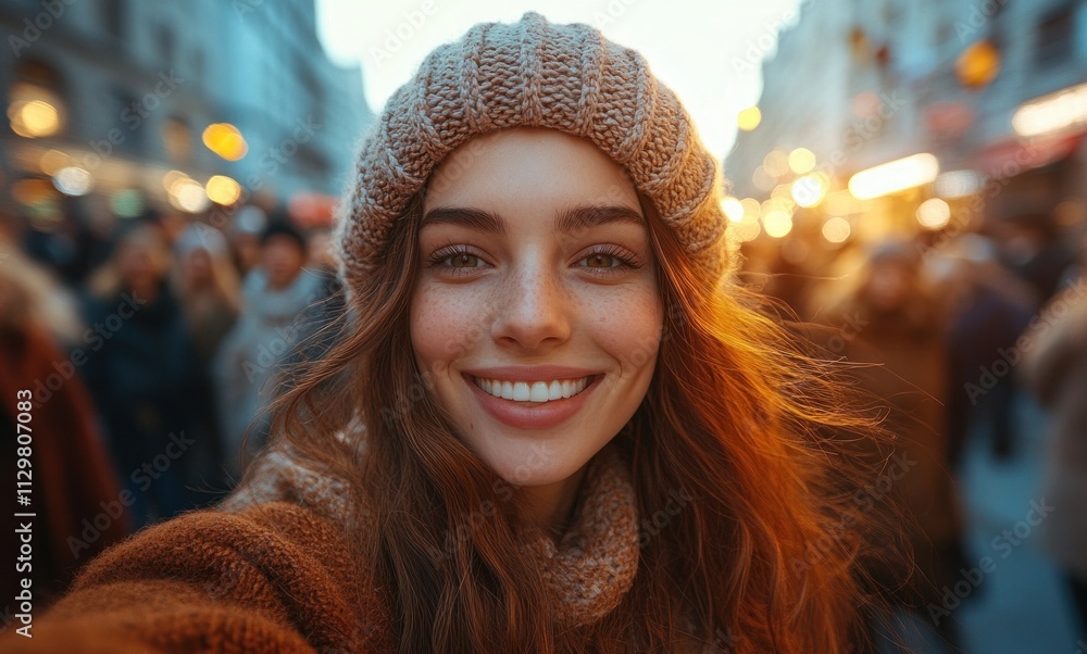 Diverse friends smiling for selfie in urban setting during golden hour with warm light Diverse friends smiling for selfie in urban setting during golden hour with warm light