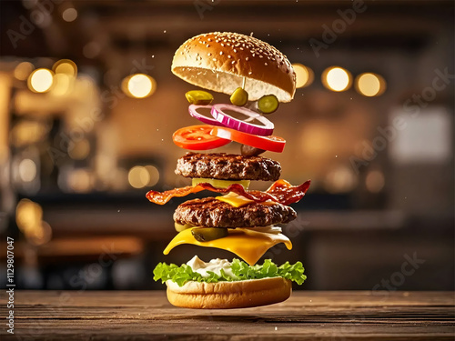 Dynamic Fly Shot of a Burger: Creative Camera Angle Photography photo