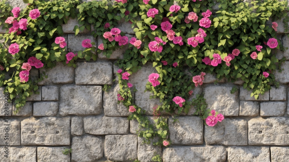 Pink Flowers Cascading Down A Stone Wall Pink Flowers Cascading Down A Stone Wall
