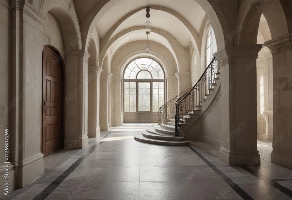 Arched window-lined hallway with a large stone staircase and marble flooring, arched windows, grand entrance, vaulted ceiling Arched window-lined hallway with a large stone staircase and marble flooring, arched windows, grand entrance, vaulted ceiling