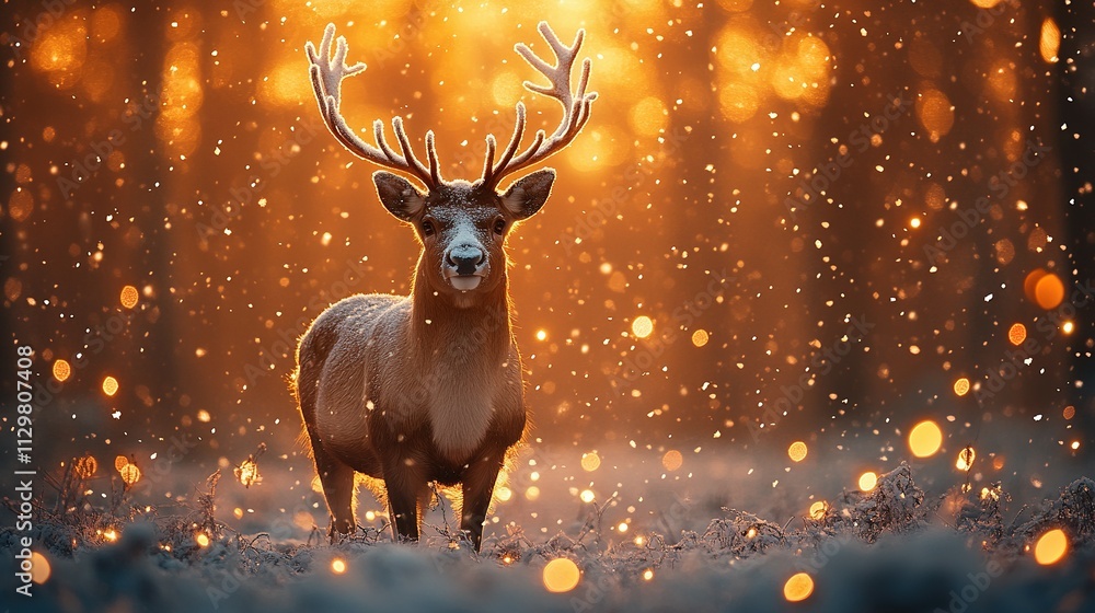 Festive Christmas Banner: Reindeer Surrounded by Snowy Trees and Stars, Perfect for Holiday Greetings Festive Christmas Banner: Reindeer Surrounded by Snowy Trees and Stars, Perfect for Holiday Greetings