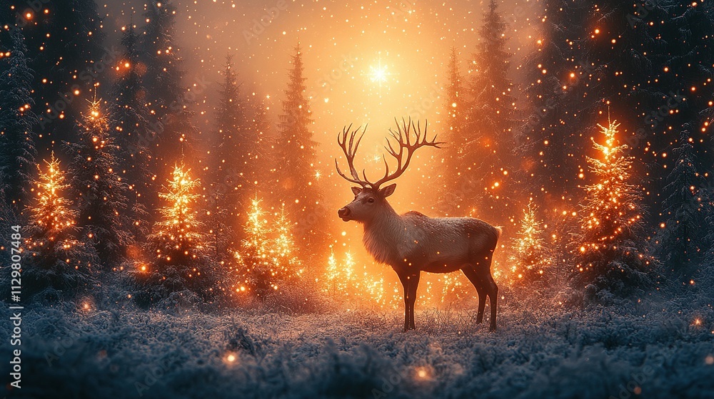 Festive Christmas Banner: Reindeer Surrounded by Snowy Trees and Stars, Perfect for Holiday Greetings Festive Christmas Banner: Reindeer Surrounded by Snowy Trees and Stars, Perfect for Holiday Greetings