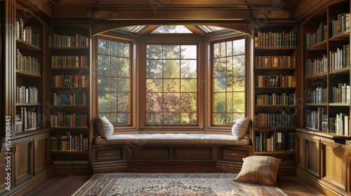 Wallpaper Mural A home library with built-in wooden shelves, a large bay window Torontodigital.ca