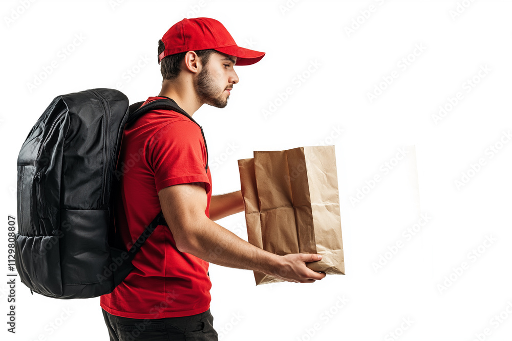 A man in a red shirt as a food delivery, white background. A man in a red shirt as a food delivery, white background.