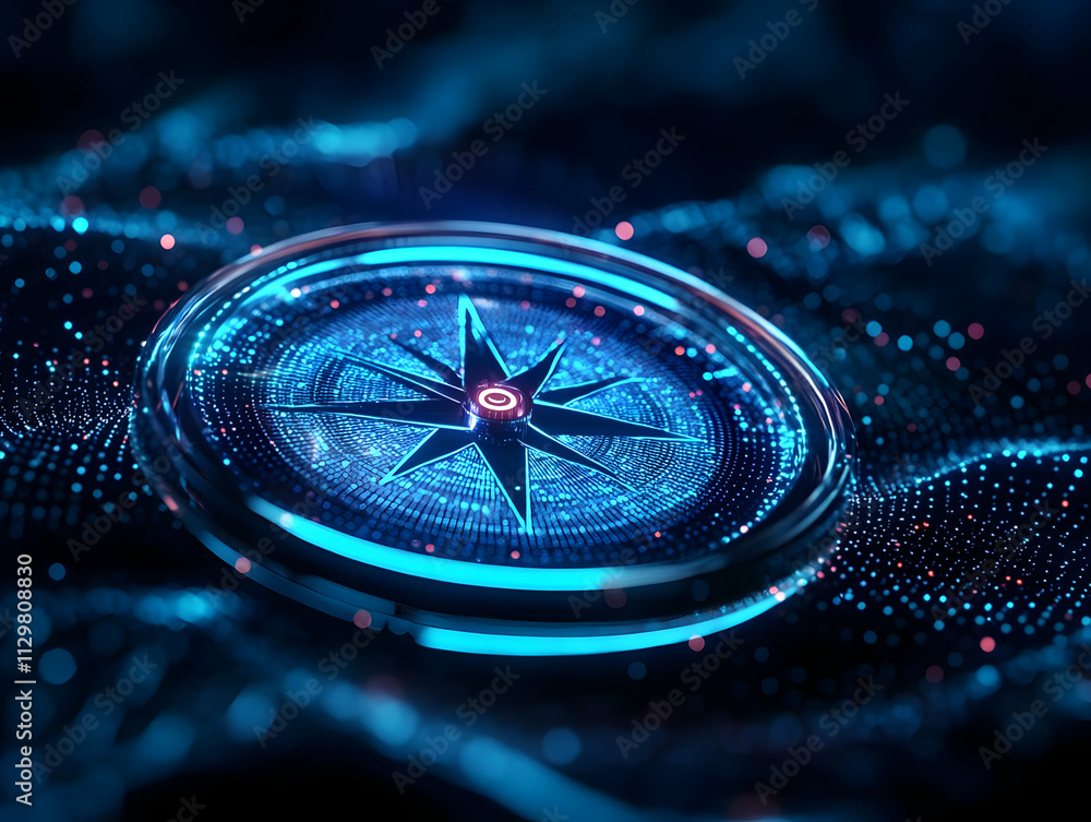 Futuristic compass design illuminated with blue light, set against a digital background, symbolizing navigation. Futuristic compass design illuminated with blue light, set against a digital background, symbolizing navigation.