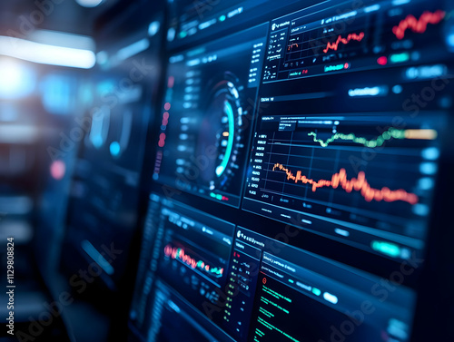 Futuristic data dashboard displaying analytics and performance metrics with colorful graphs and charts.