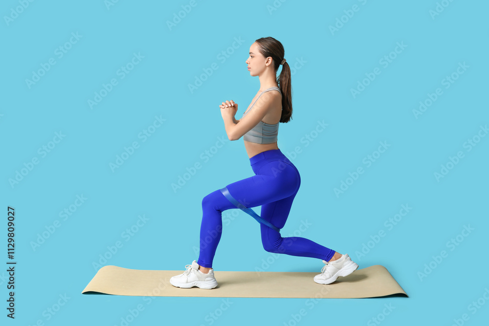 Young female trainer training with elastic band on blue background Young female trainer training with elastic band on blue background