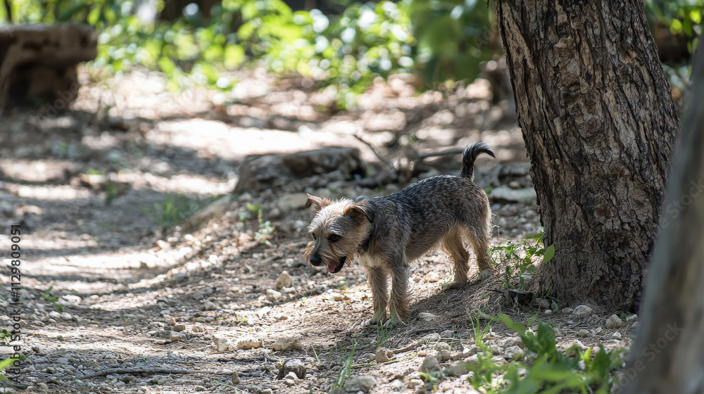 small terrier mix exploring forest path near tree, full of energy small terrier mix exploring forest path near tree, full of energy