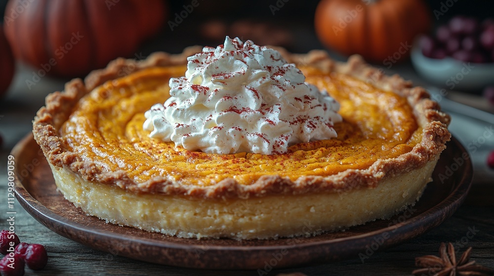 Classic Pumpkin Pie for Thanksgiving Dinner, Finished with a Generous Dollop of Whipped Cream Classic Pumpkin Pie for Thanksgiving Dinner, Finished with a Generous Dollop of Whipped Cream