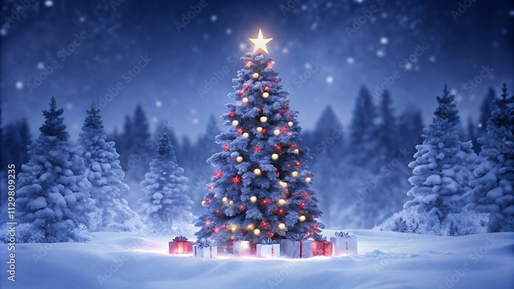 A Christmas tree adorned with a shiny star stands in the snow, surrounded by colorful gift boxes in a winter forest. A Christmas tree adorned with a shiny star stands in the snow, surrounded by colorful gift boxes in a winter forest.