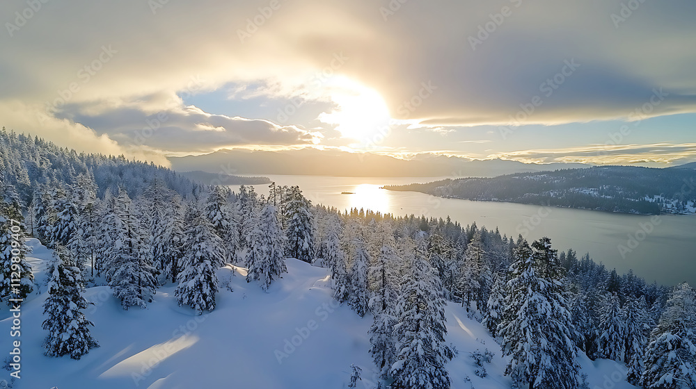 Aerial view of snow mountains and woods covered with snow in the morning. Aerial view of snow mountains and woods covered with snow in the morning.