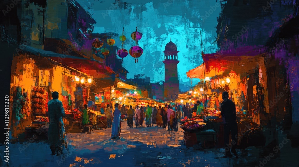 Fototapeta premium Night market at the Indian town in the The Ramadan Festival or festival of colors background. Travel destination and landmark concept. Digital art illustration.