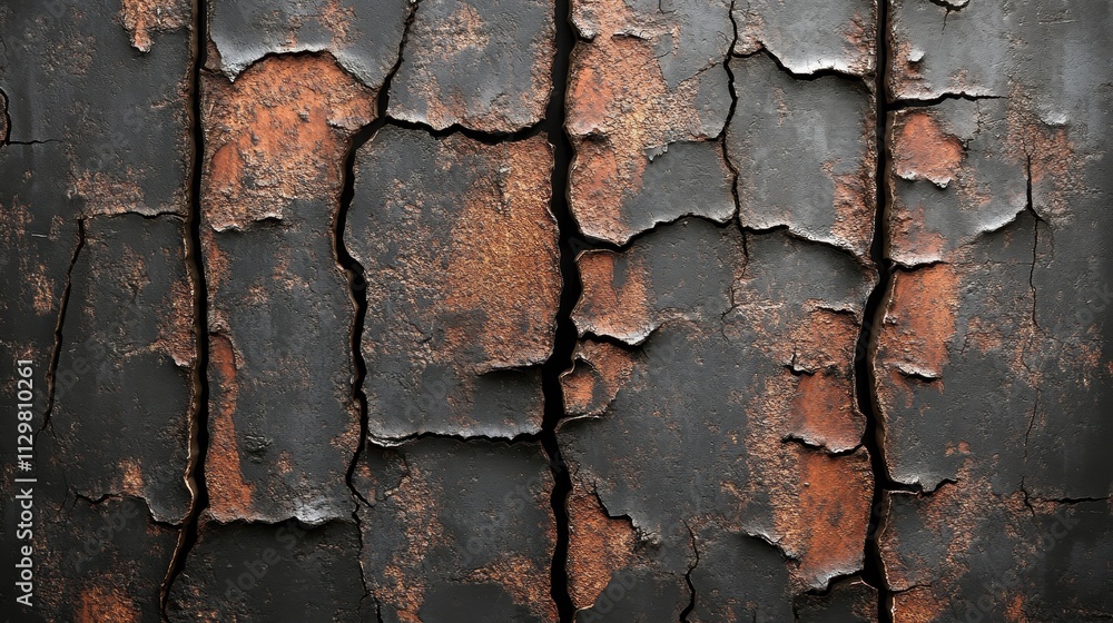 Cracked dark surface with rust colored accents Cracked dark surface with rust colored accents