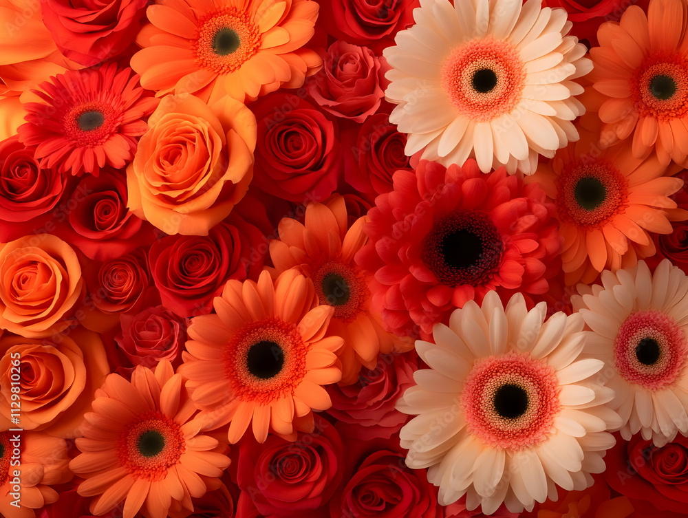 Vibrant display of red roses and orange gerbera daisies, showcasing nature's beauty and elegance. Vibrant display of red roses and orange gerbera daisies, showcasing nature's beauty and elegance.