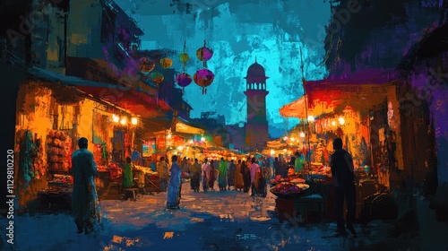 Night market at the Indian town in the The Ramadan Festival or festival of colors background. Travel destination and landmark concept. Digital art illustration.