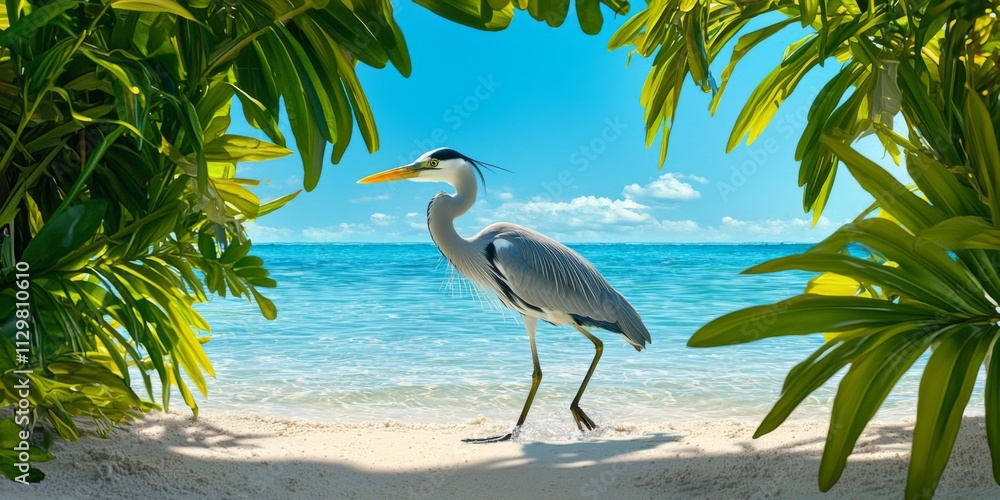 Fototapeta premium Heron Wading on Tropical Beach Paradise Exotic Bird Ocean Plants
