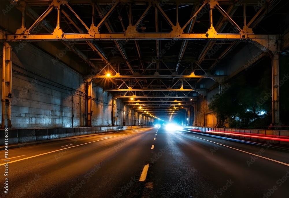 Asphalt road under the steel construction of a bridge in the city. Night urban scene with car light trails in the tunnel. Toned
Asphalt road under the steel construction of a bridge in the city. Night urban scene with car light trails in the tunnel. Toned