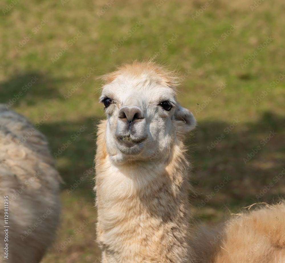 Fototapeta premium Cute alpaca with funny face relaxing on ranch in summer day