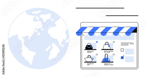 Globe next to online store interface featuring handbags. Ideal for e-commerce, online retail, digital marketing, global business, shopping trends, mobile commerce, and web design concepts. Line