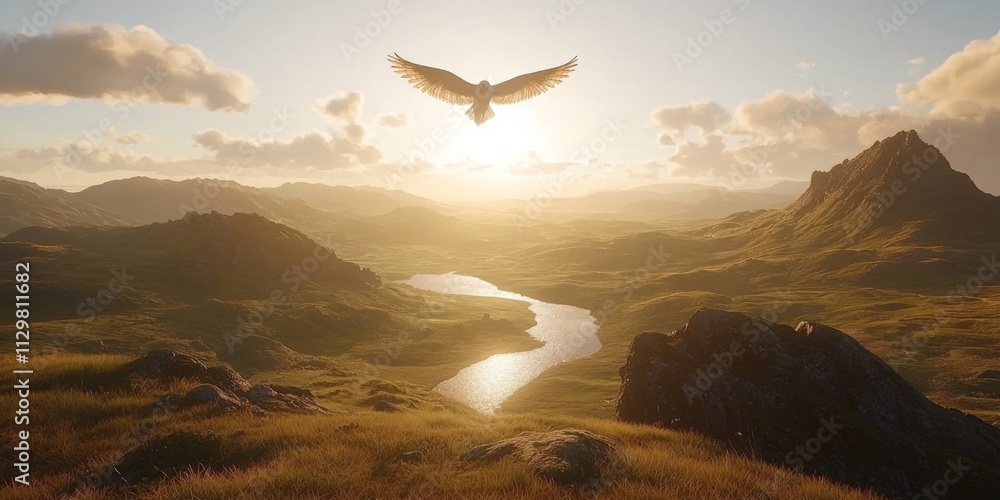 Naklejka premium Majestic Owl Soaring over Golden Sunset Meadow Landscape