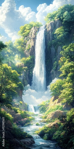 Mystical Waterfall Nature Landscape Japan Animation