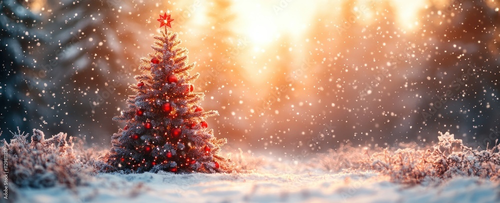 Christmas tree in snowy landscape with golden ornaments and evening lights in festive countryside Christmas tree in snowy landscape with golden ornaments and evening lights in festive countryside