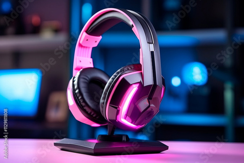 Fashionable pink headset with soft ear cushions and a stylish design for gamers. photo