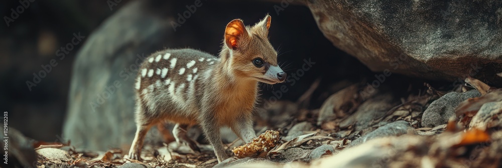 Obraz premium Adorable Spotted Chevrotain Kit Foraging Near Rocks