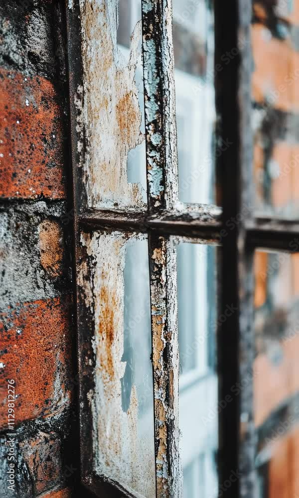 Weathered window frame reveals rustic charm in urban brick building Weathered window frame reveals rustic charm in urban brick building