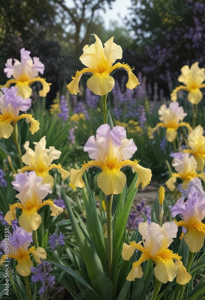 Colorful Lilac Yellow Iris Germanica in a Spring Garden, floral, bloom Colorful Lilac Yellow Iris Germanica in a Spring Garden, floral, bloom
