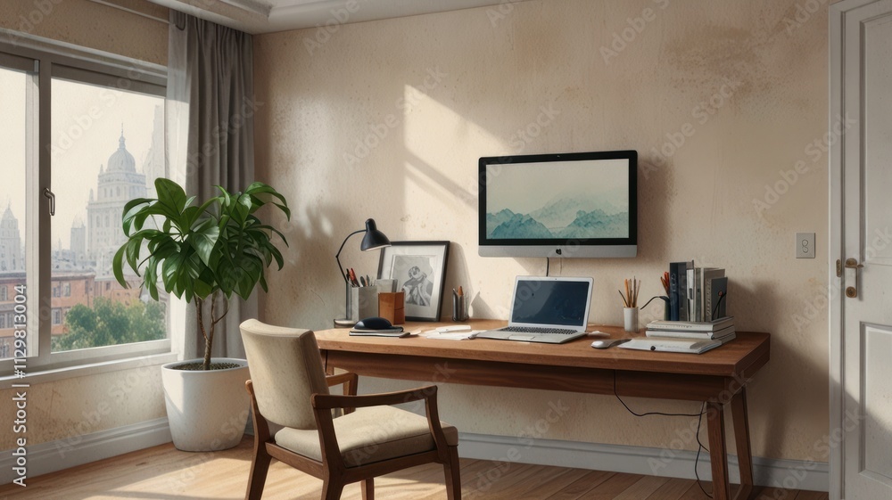 Sunlit Home Office Workspace With City View Sunlit Home Office Workspace With City View