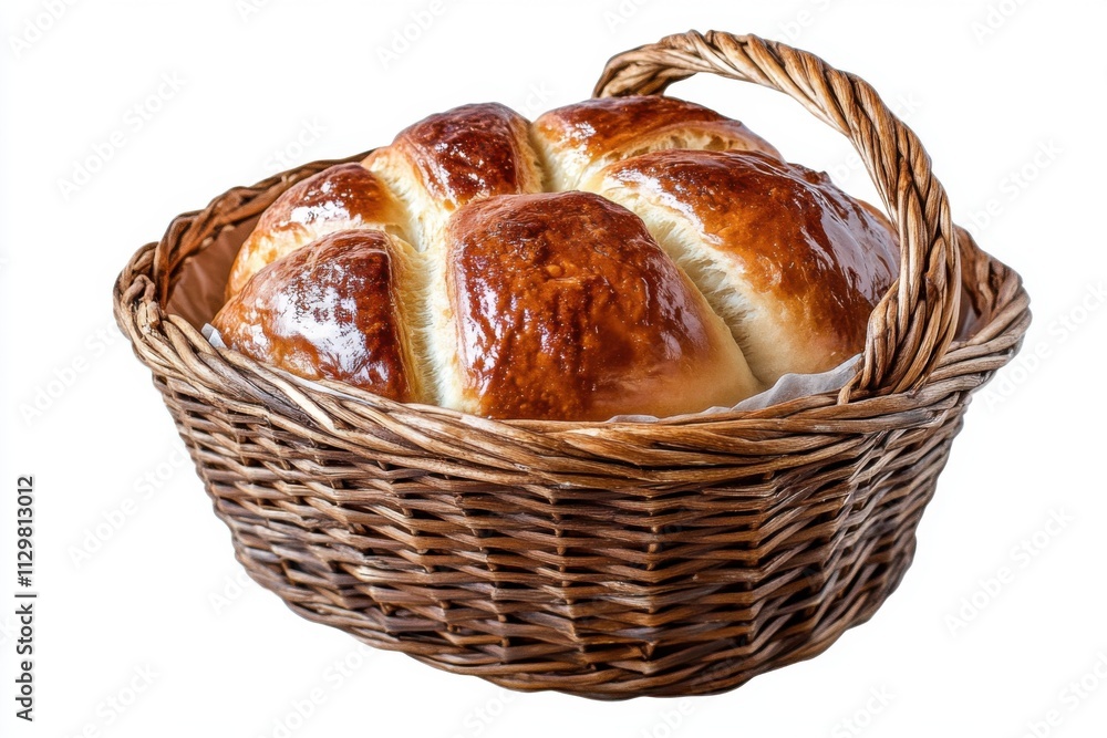 Golden-Brown Crusty Bread Loaf in Rustic Wicker Basket, Baking Perfection Golden-Brown Crusty Bread Loaf in Rustic Wicker Basket, Baking Perfection