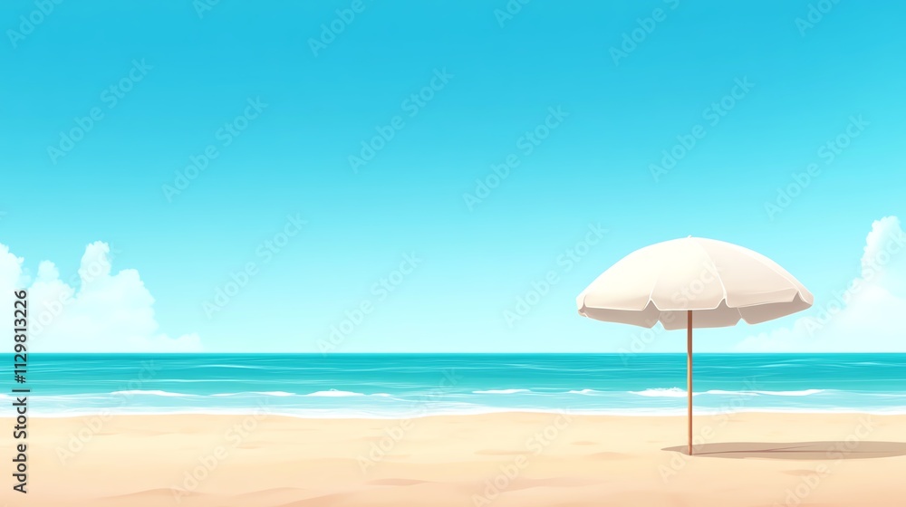A tranquil beach scene with a white umbrella against a clear blue sky and ocean. A tranquil beach scene with a white umbrella against a clear blue sky and ocean.