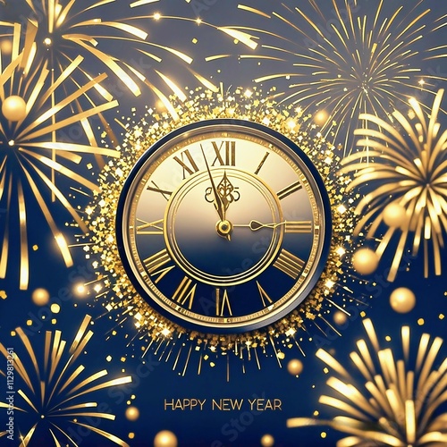 Ai generated 2025 New Year poster with gold glitter elements, clock showing midnight, and confetti on elegant black background