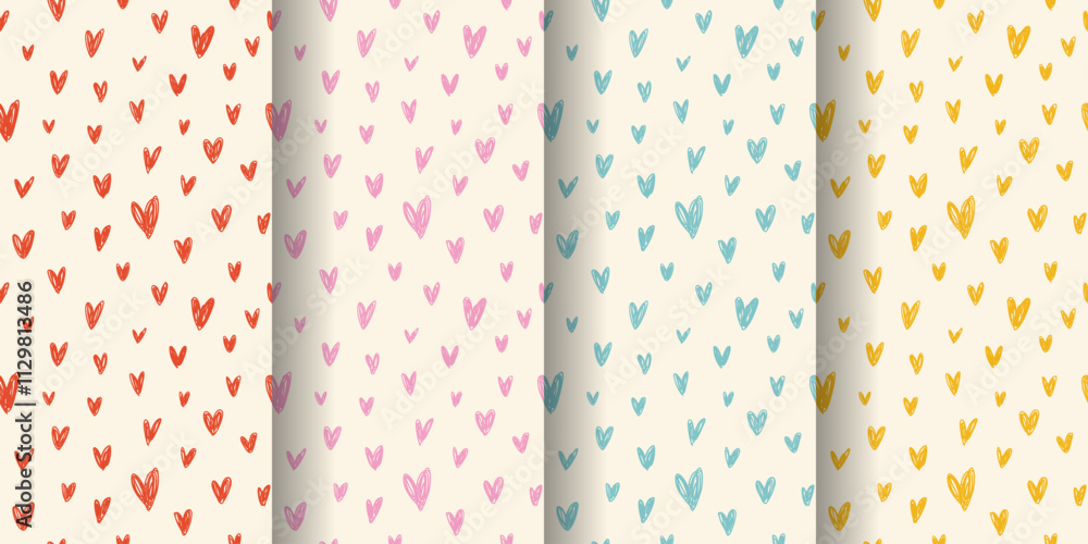 Set of seamless patterns with doodled hearts. Red, pink, blue, and yellow hearts on cream-white background. Ideal for Valentine's Day projects, wrapping paper, or textiles.
